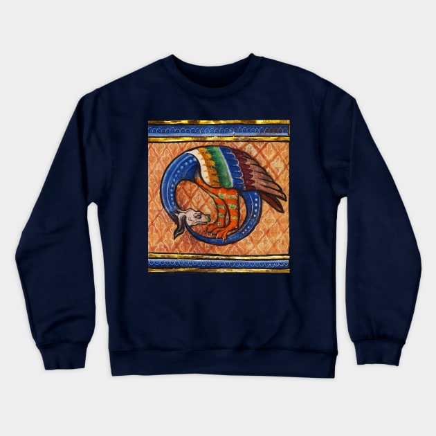 MEDIEVAL BESTIARY, SNAKE DRAGON in Gold Blue Orange Colors Crewneck Sweatshirt by BulganLumini